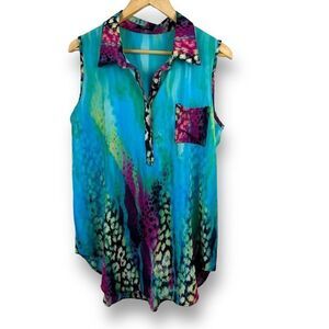 Klaveli lightweight sleeveless collared‎ semi-sheer blue print blouse Size M